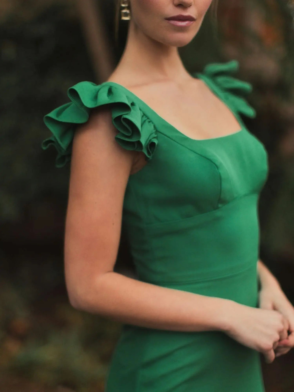 Green Ruffle Cap Sleeve Open Back Column Gown