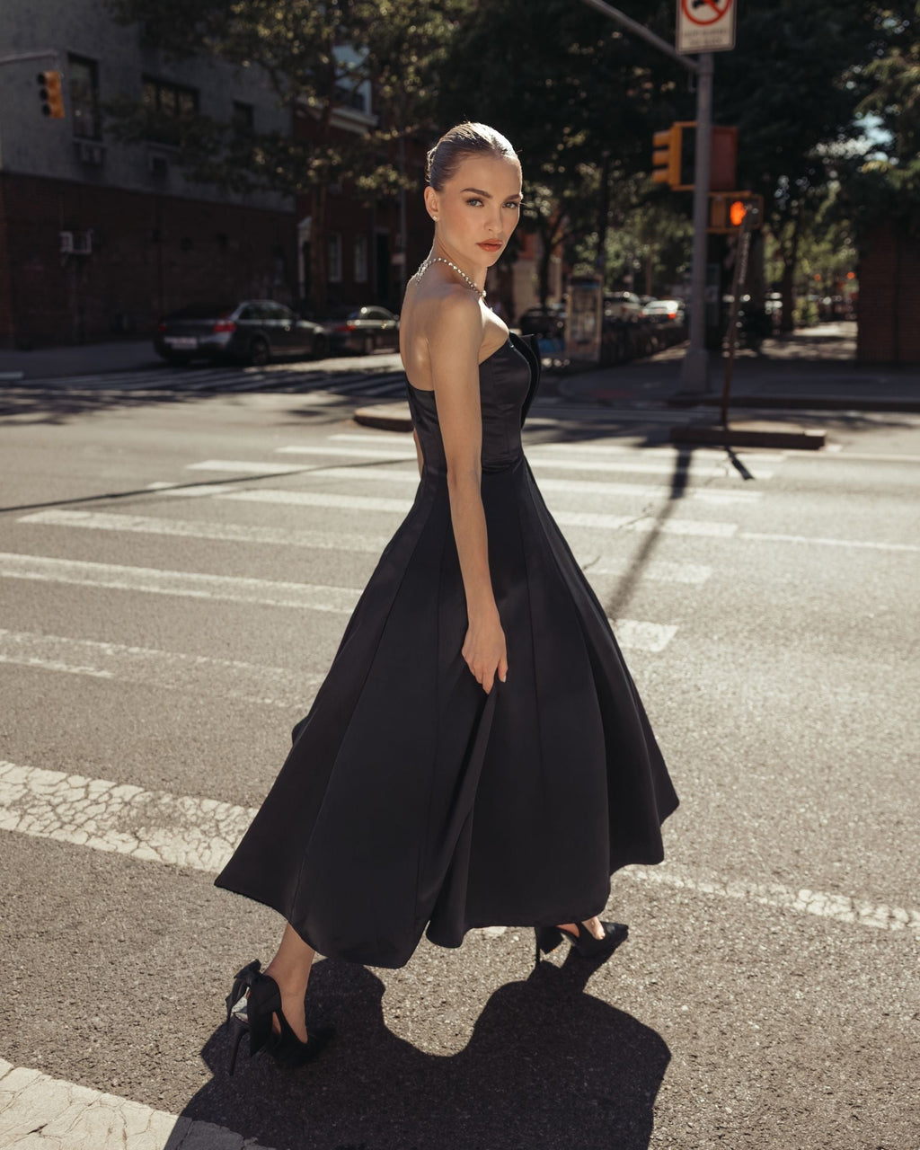 Black Strapless Satin A-Line Midi Dress With Bow