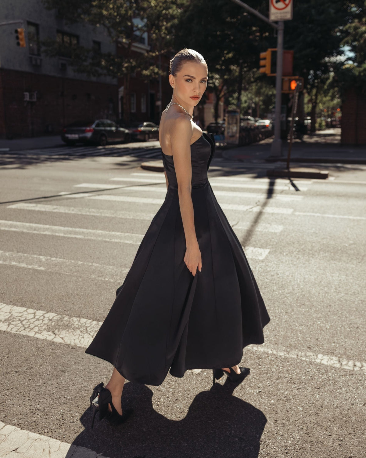 Black Strapless Satin A-Line Midi Dress With Bow