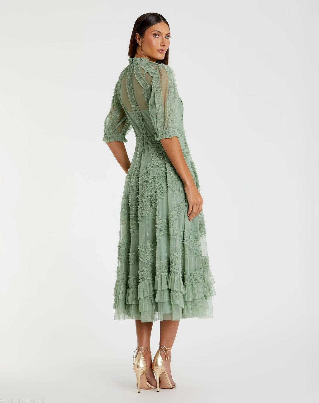 Green High Neck Ruffle Tiered A-Line Midi Dress