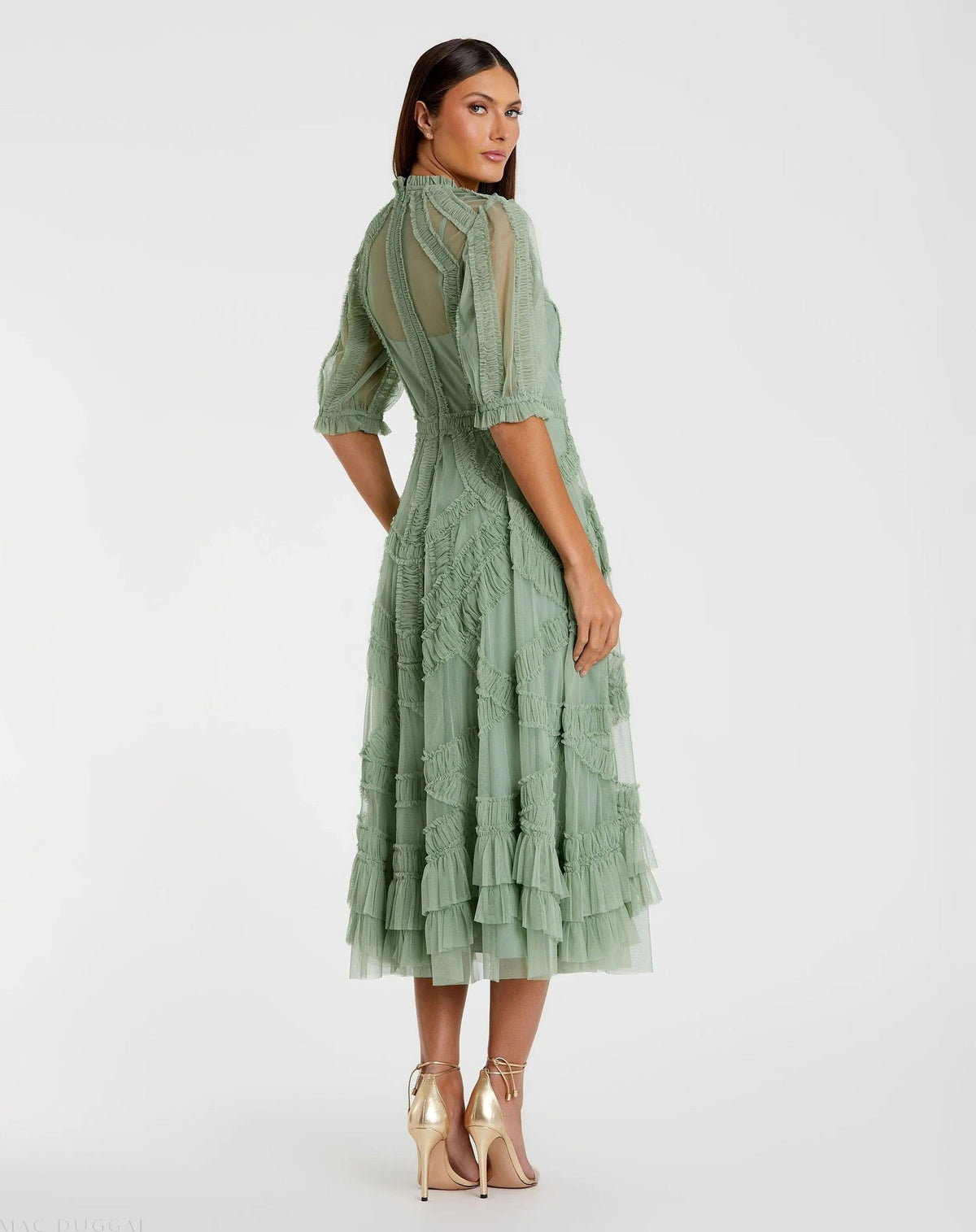 Green High Neck Ruffle Tiered A-Line Midi Dress