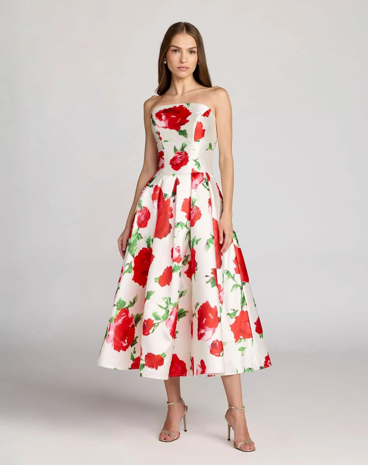 White Strapless Floral Mikado Midi Dress