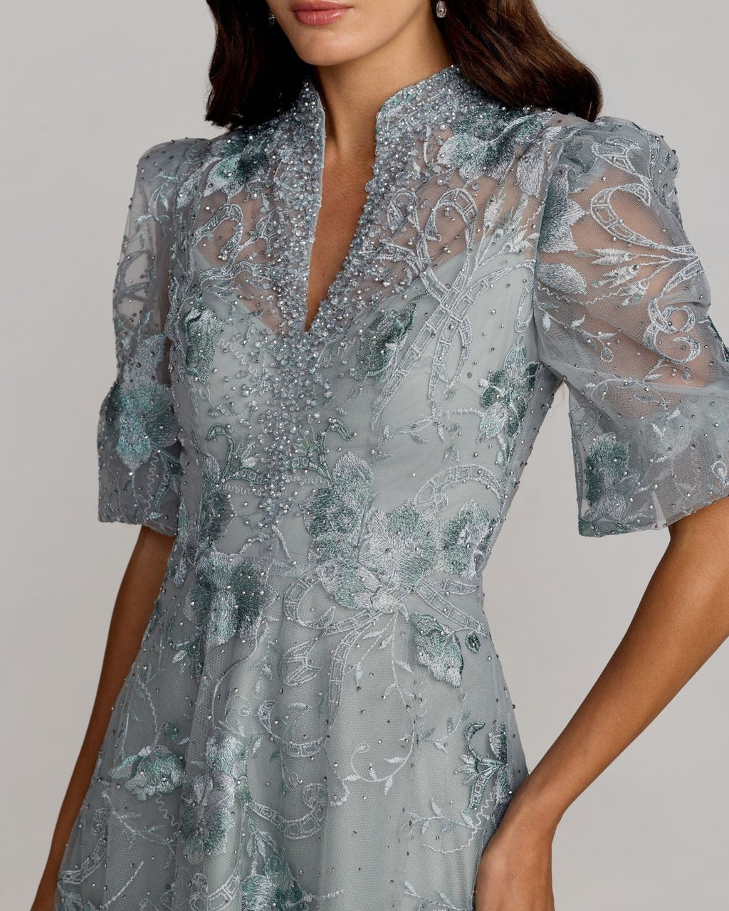French Blue Queen Anne Puff Sleeve Embroidered A-Line Gown