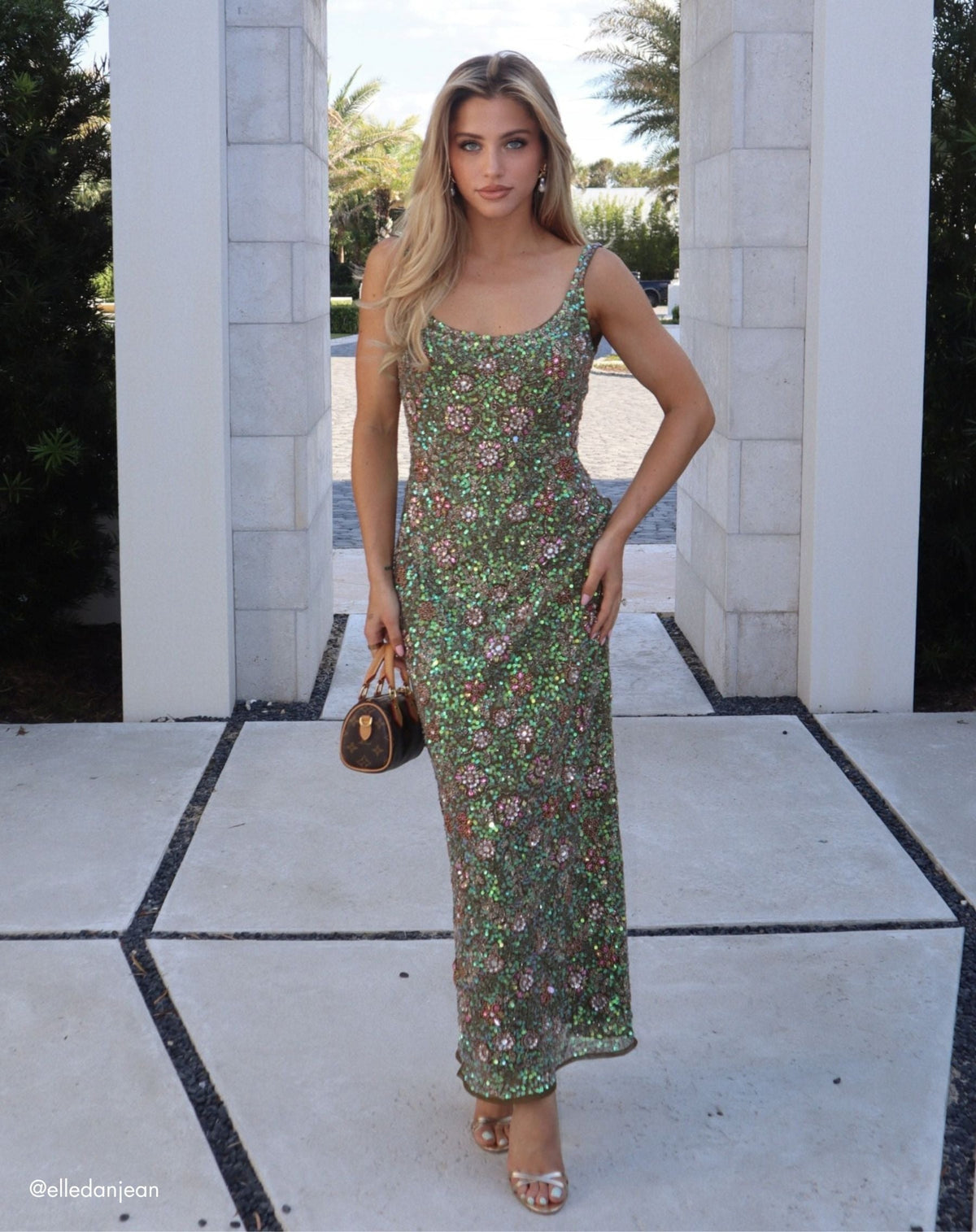 Olive Sleeveless Hand Embellished Floral Maxi Dress