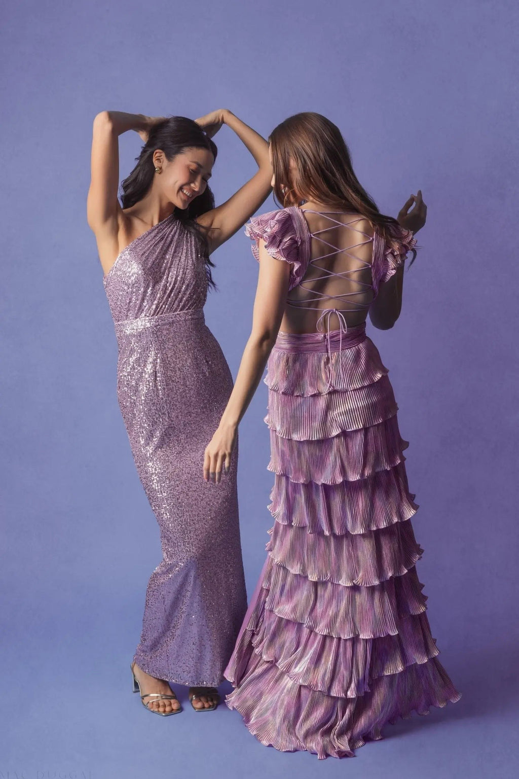 Purple Multi Ruffle Tiered Criss Cross Lace Up Gown