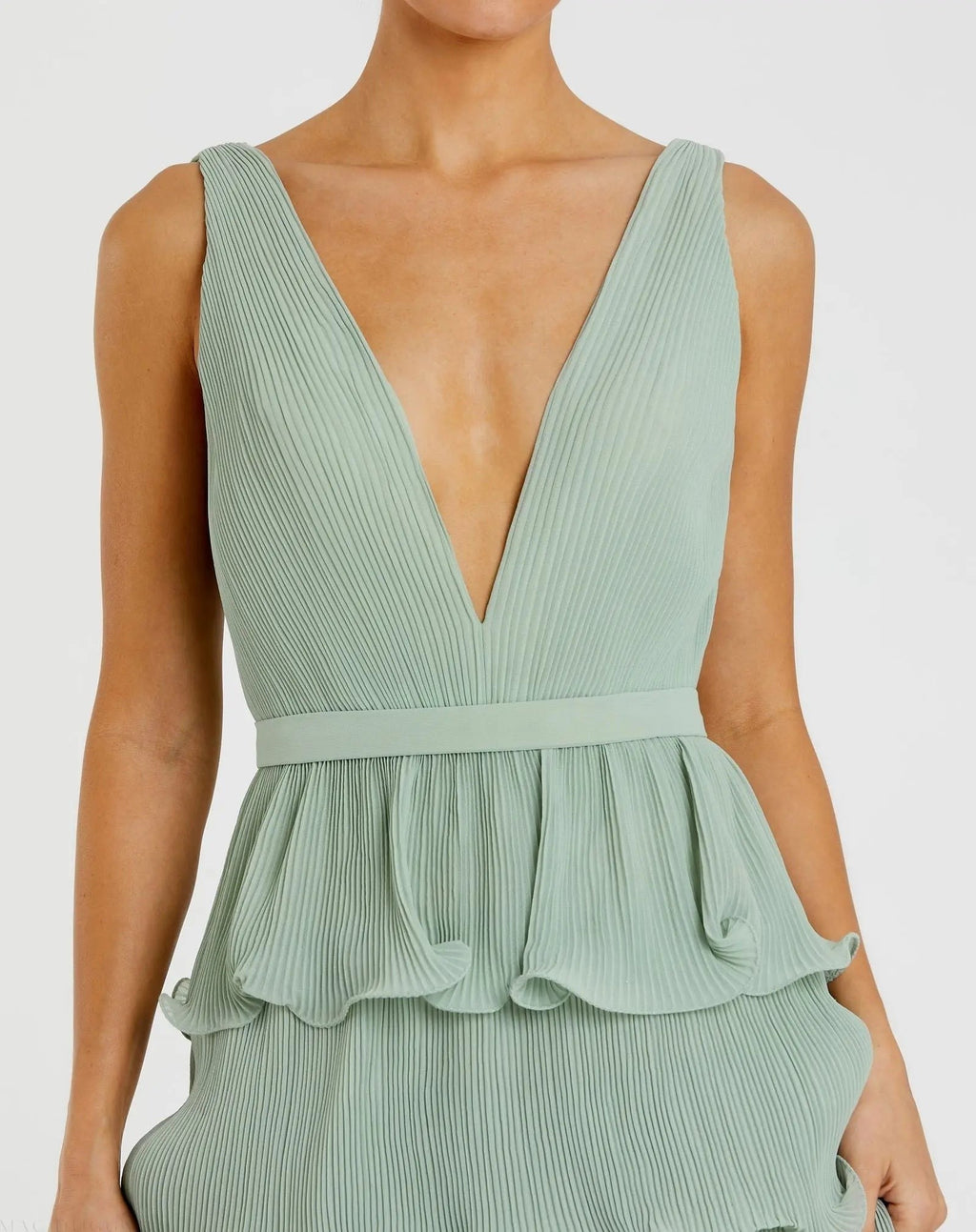 Green Sleeveless Ruffle Tiered V Neck Gown