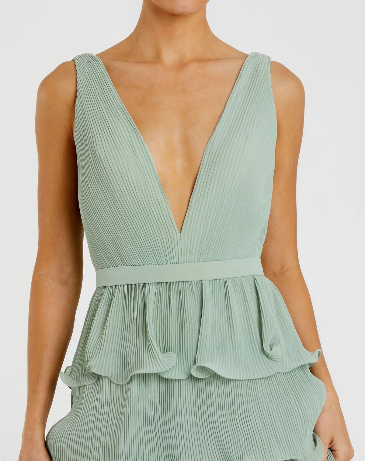 Green Sleeveless Ruffle Tiered V Neck Gown