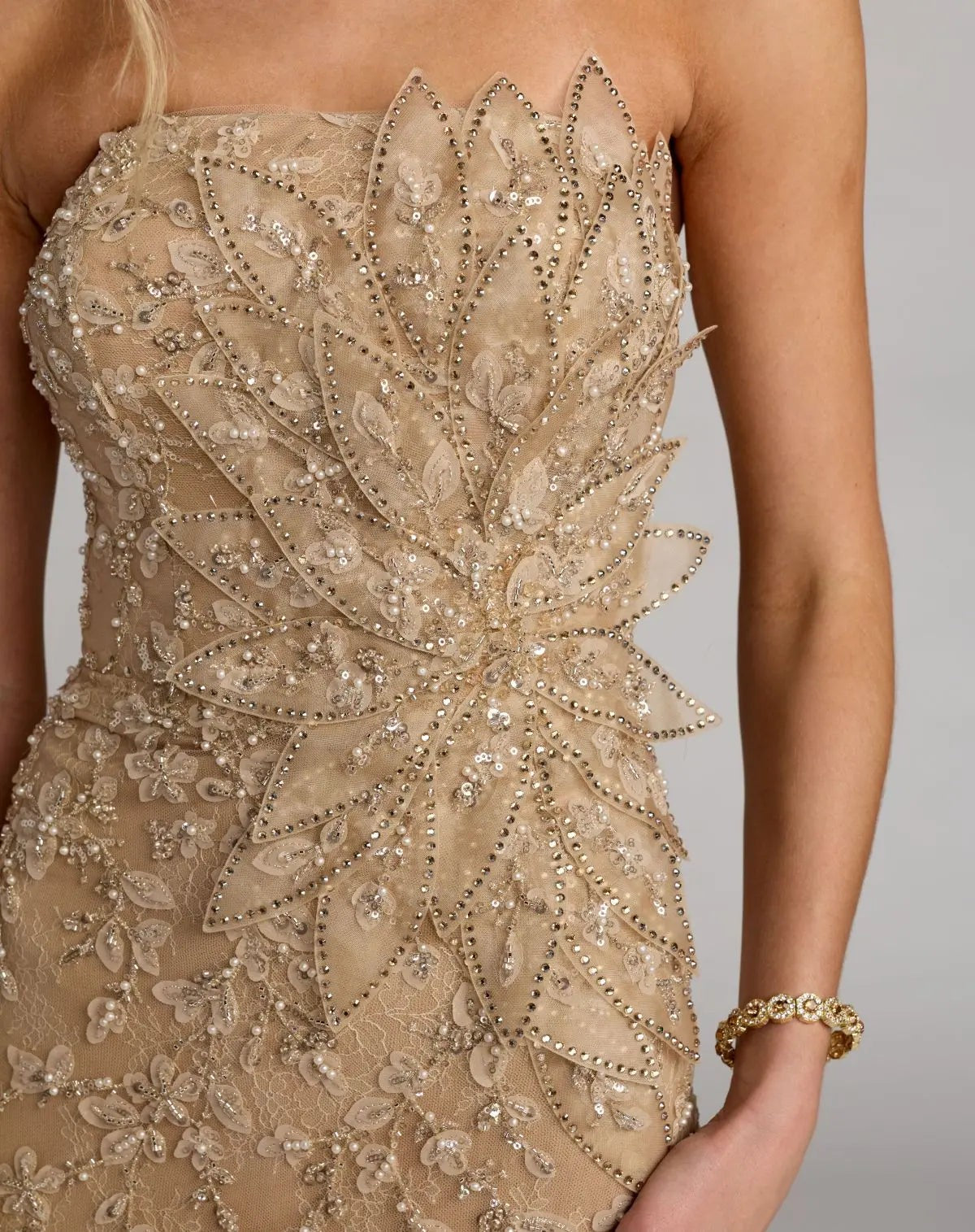 Gold Strapless Embellished Lace Gown With 3D Flower