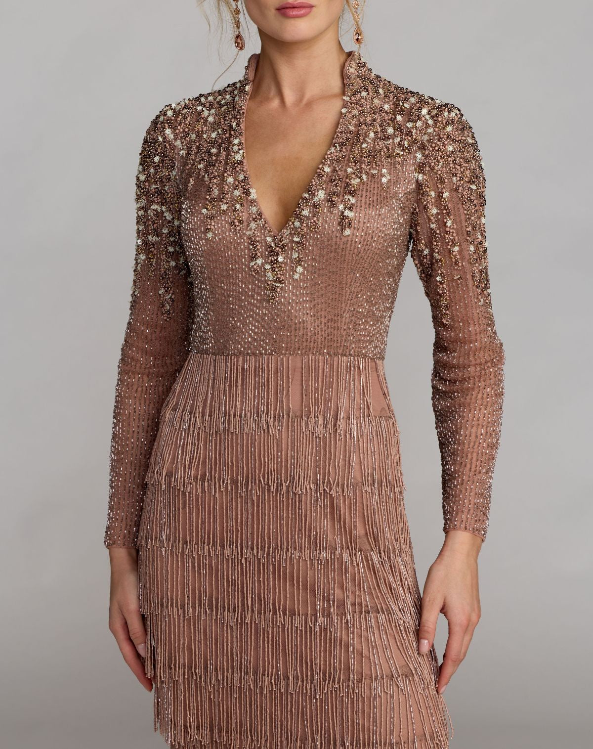 Petite Mocha Hand Beaded Long Sleeve Fringe Column Gown