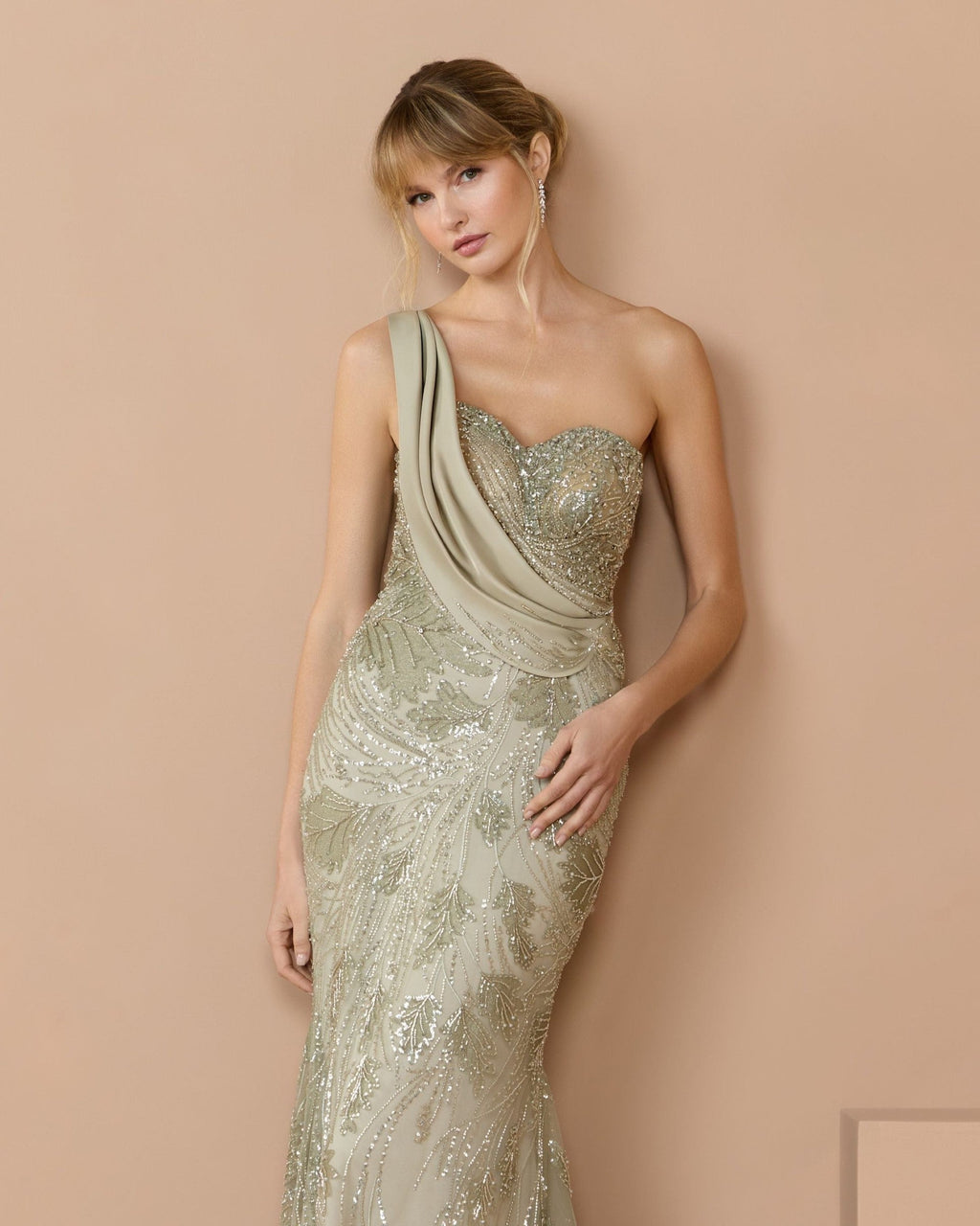 Sage Beaded One Shoulder Draped Mermaid Gown