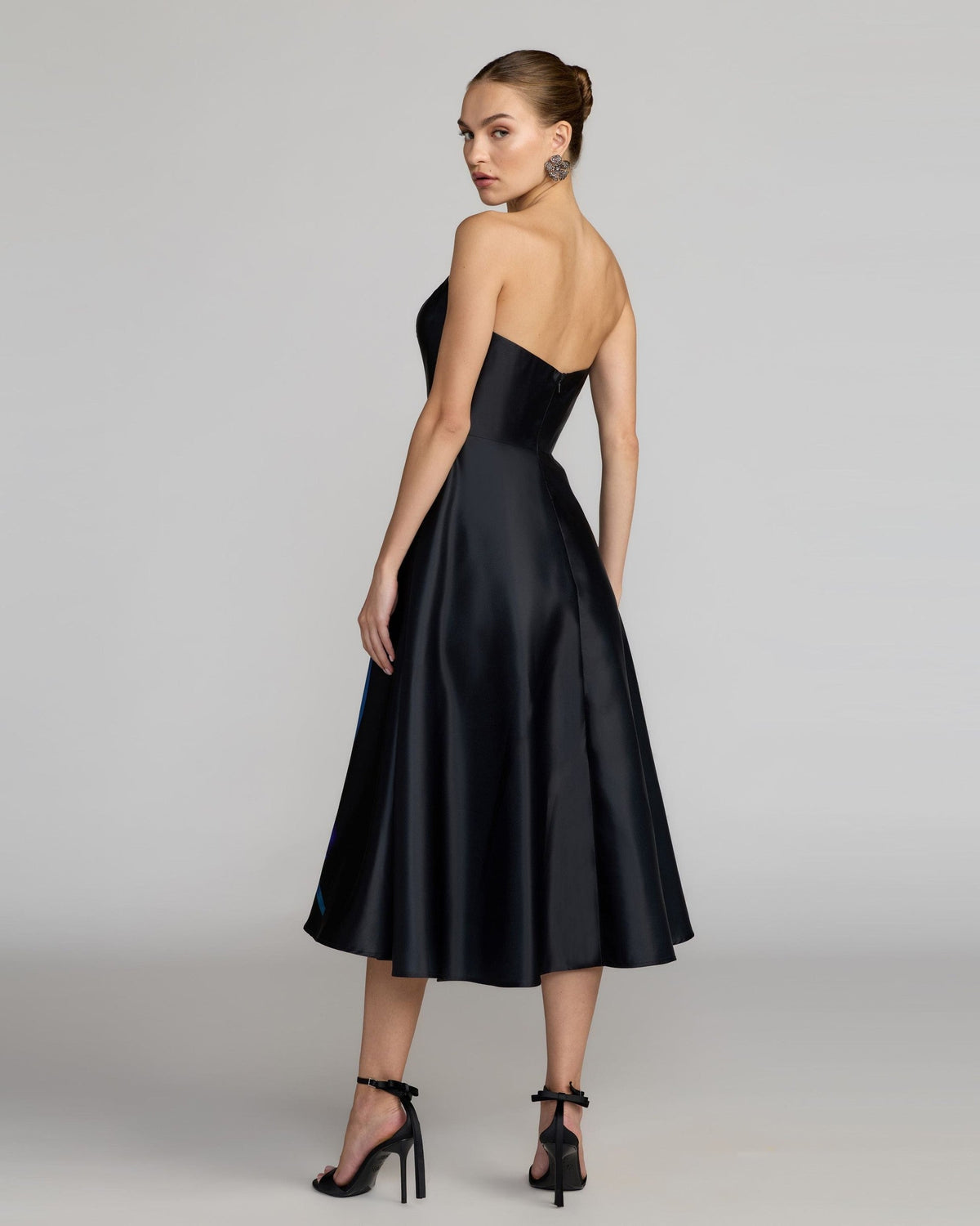 Black Multi Strapless Satin Midi Dress With Flower Print
