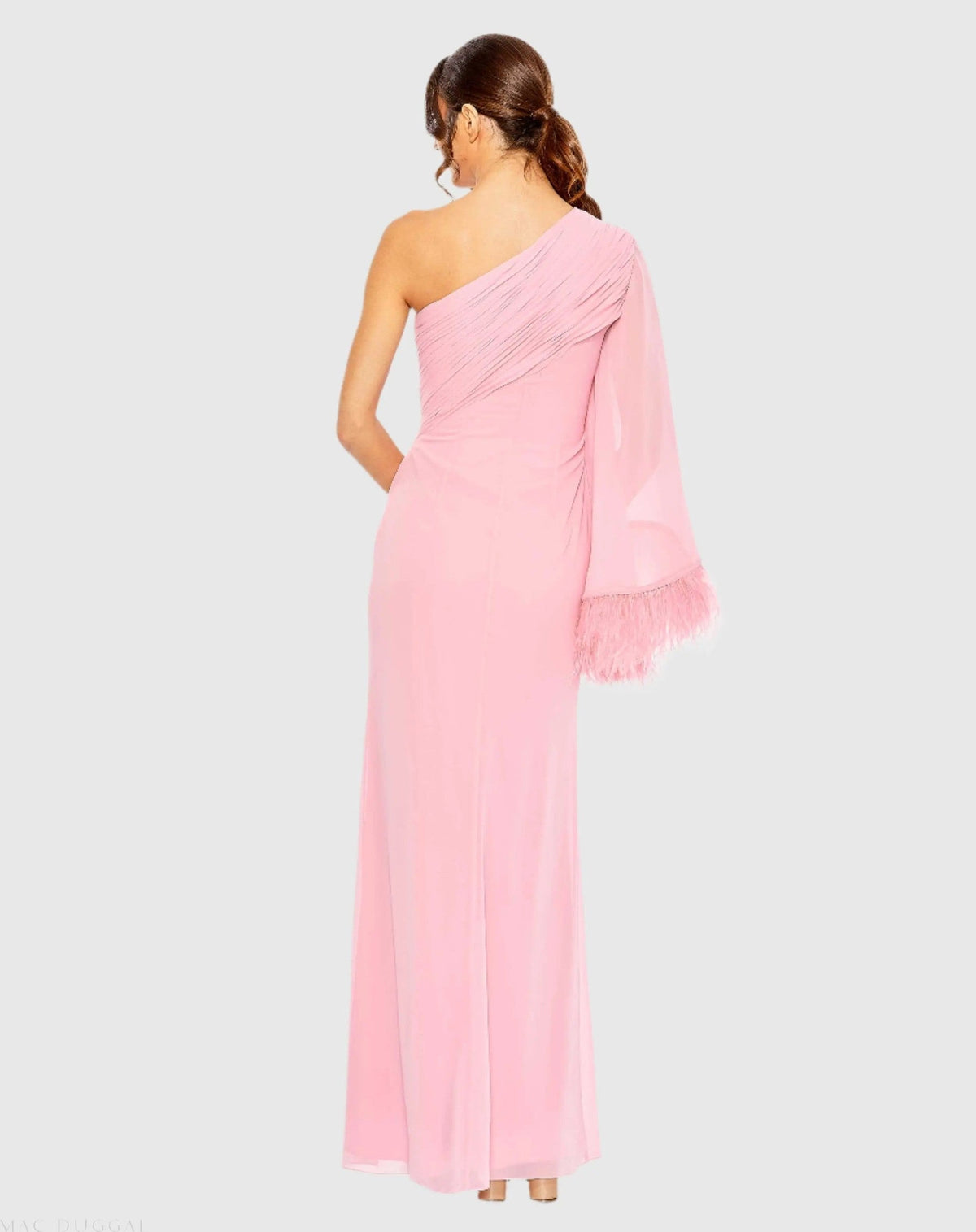 Pink Feather Cuff One Shoulder Ruched Gown