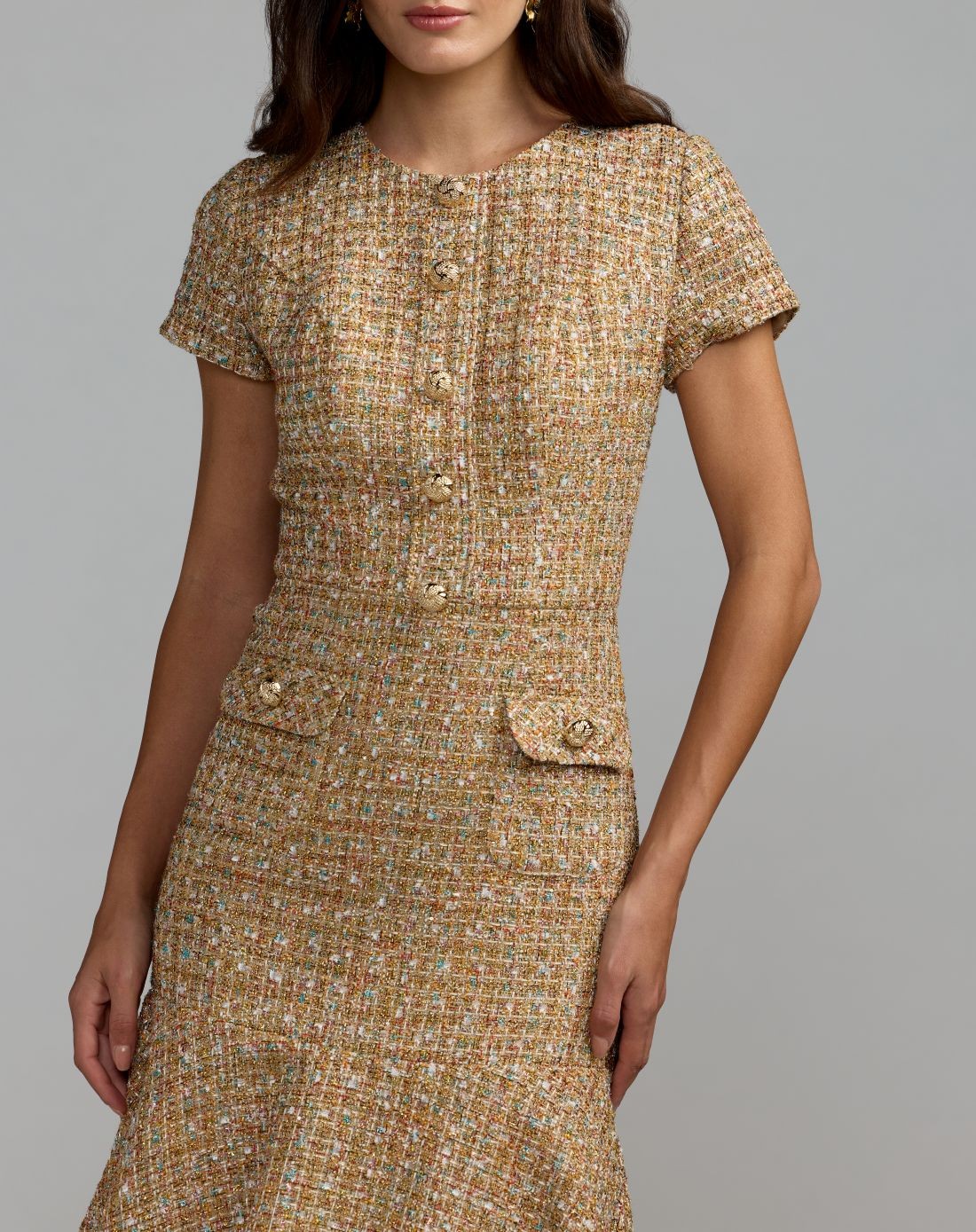 Beige High Neck Short Sleeve Boucle Midi Dress
