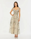 Ivory Floral Embroidered Sweetheart Neckline Midi Dress