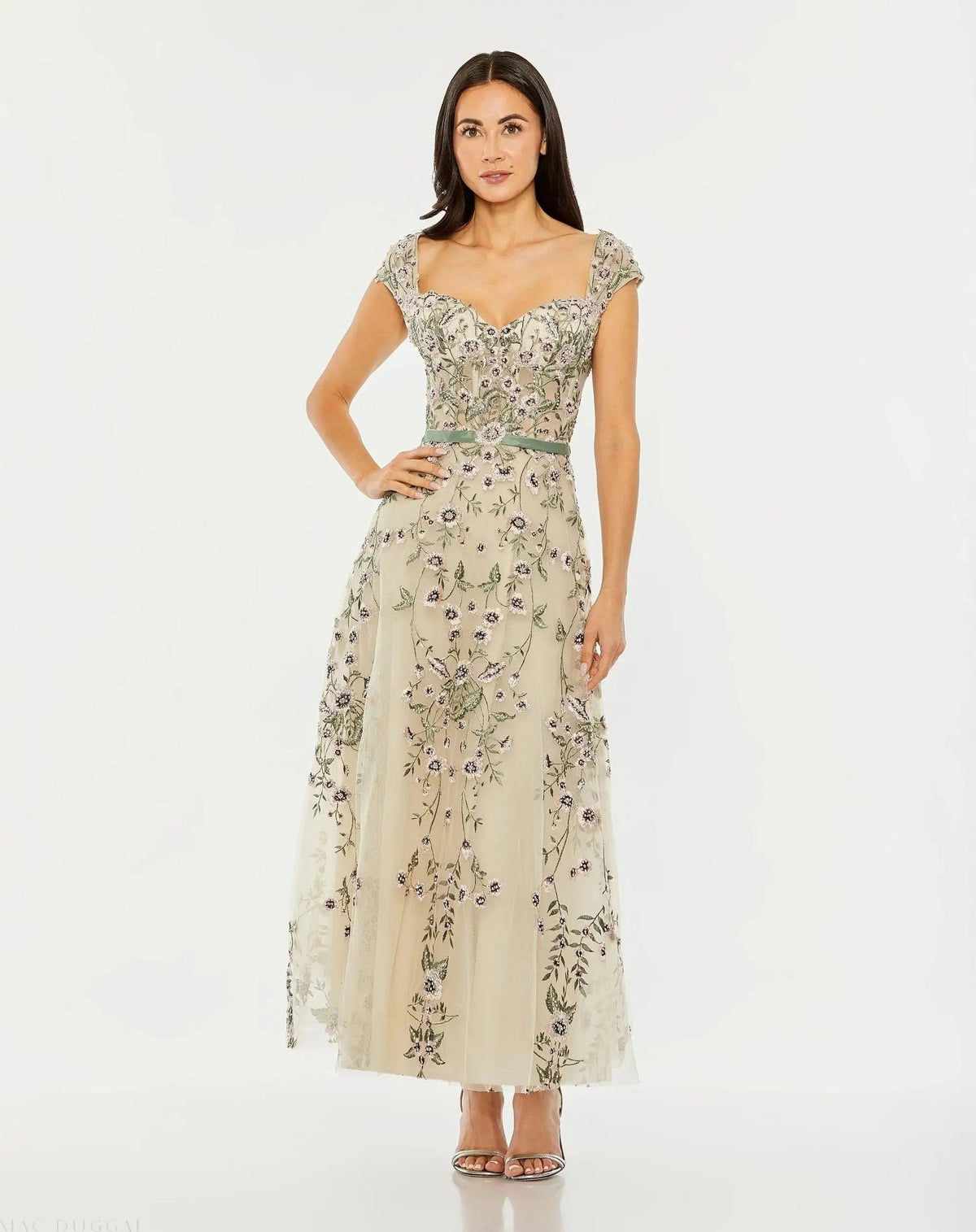 Ivory Floral Embroidered Sweetheart Neckline Midi Dress