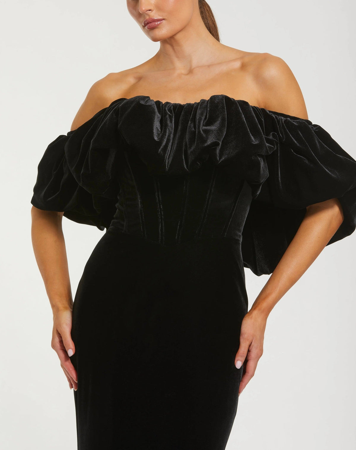 Black Off The Shoulder Ruffle Velvet Gown