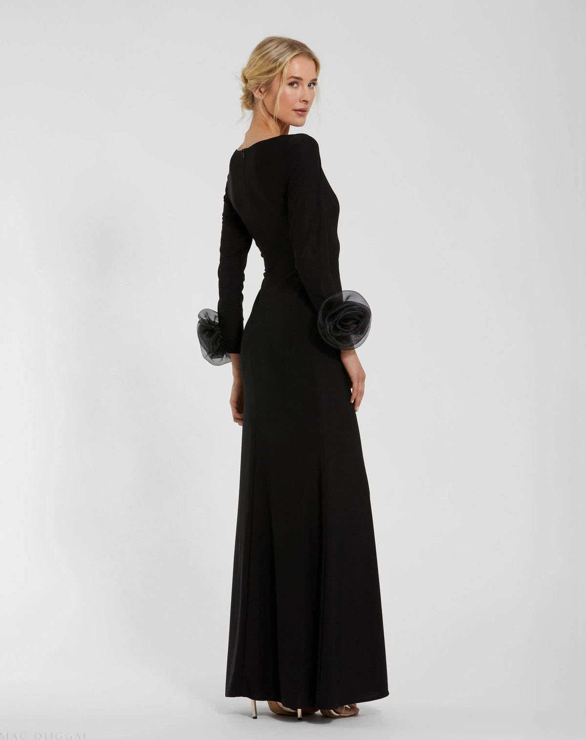 Black Long Sleeve Fitted Jersey Gown With 3D Flowers