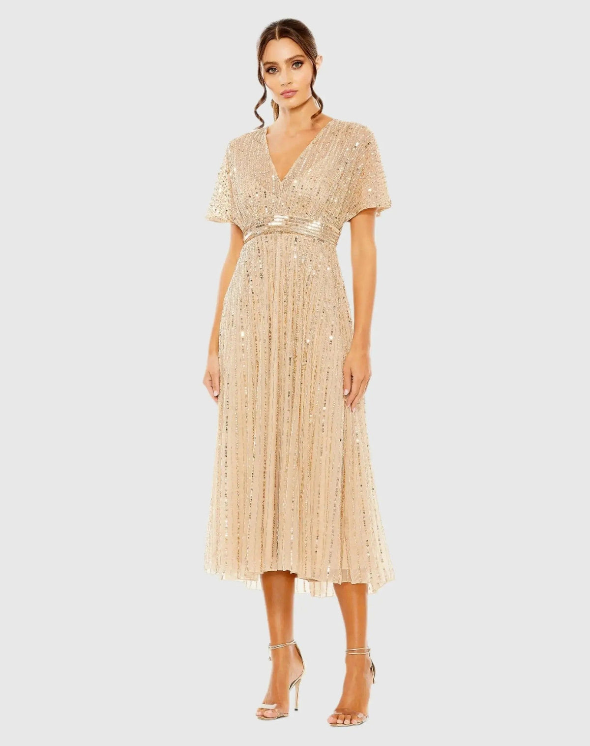 Beige Embellished Short Sleeve Empire Waist Dress