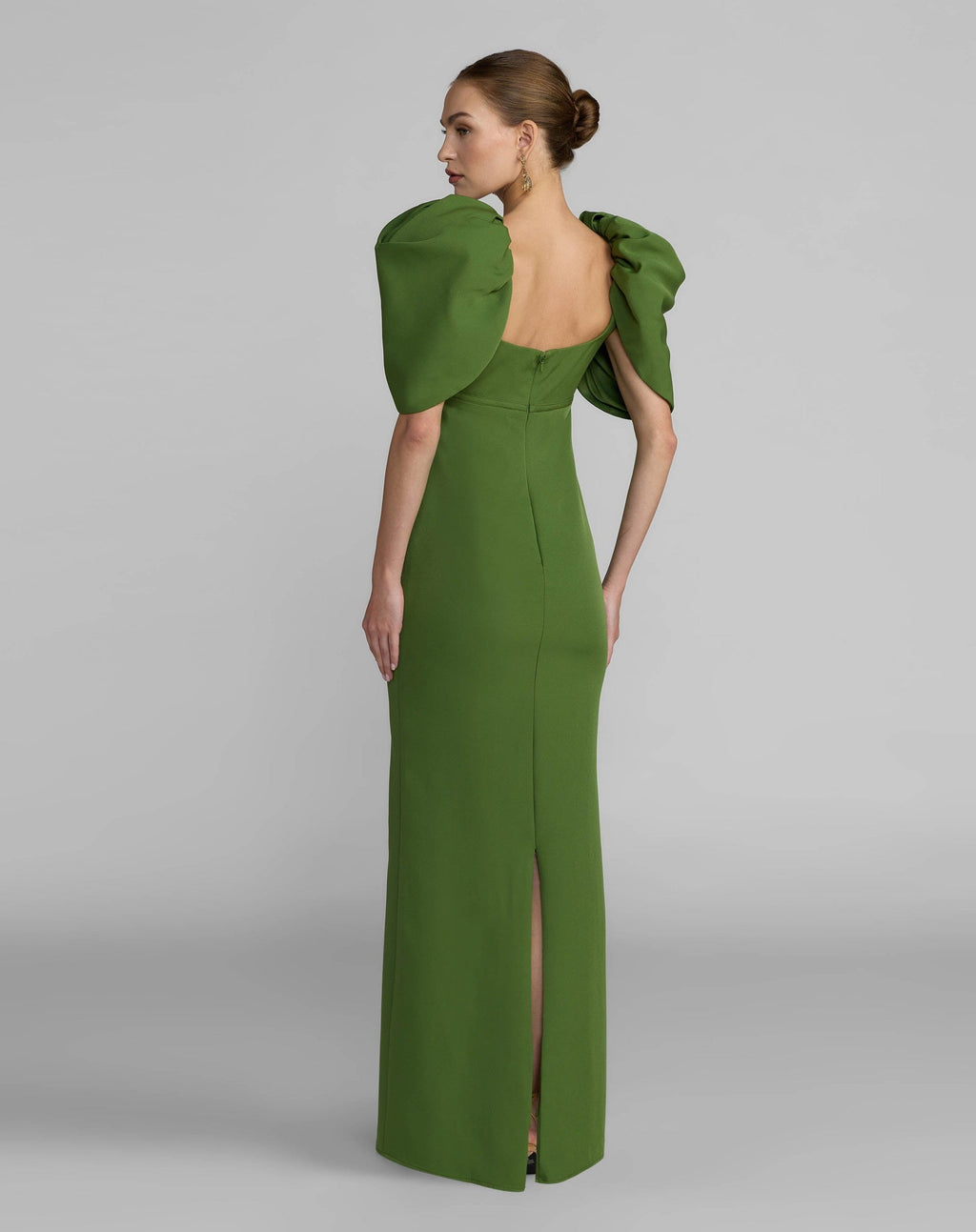 Moss Green Crepe Square Neck Gown With Puff Sleeves