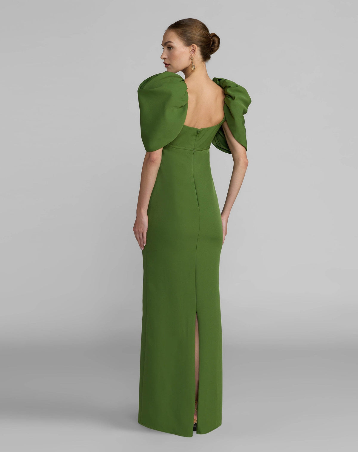 Moss Green Crepe Square Neck Gown With Puff Sleeves