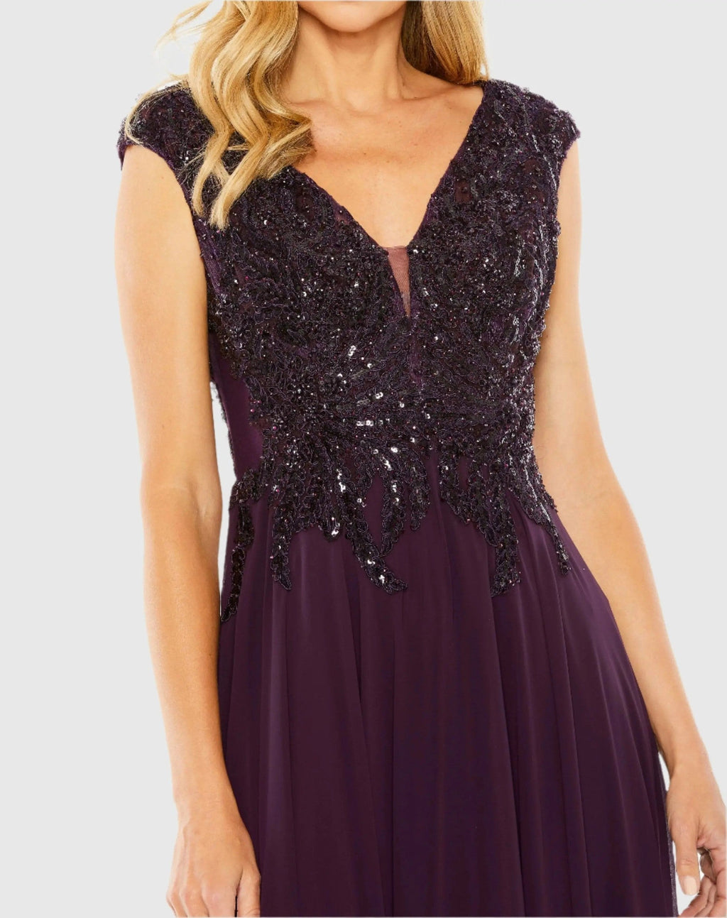 Purple Cap Sleeve Applique Bodice Flowy Gown