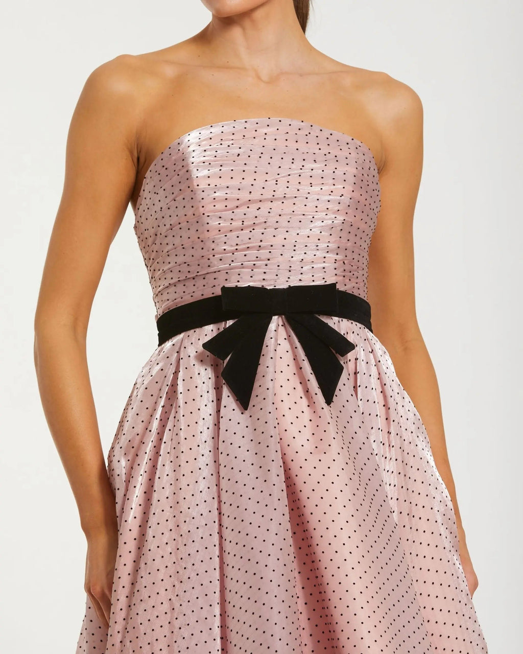 Pink Strapless Polka Dot Midi Dress With Velvet Bow