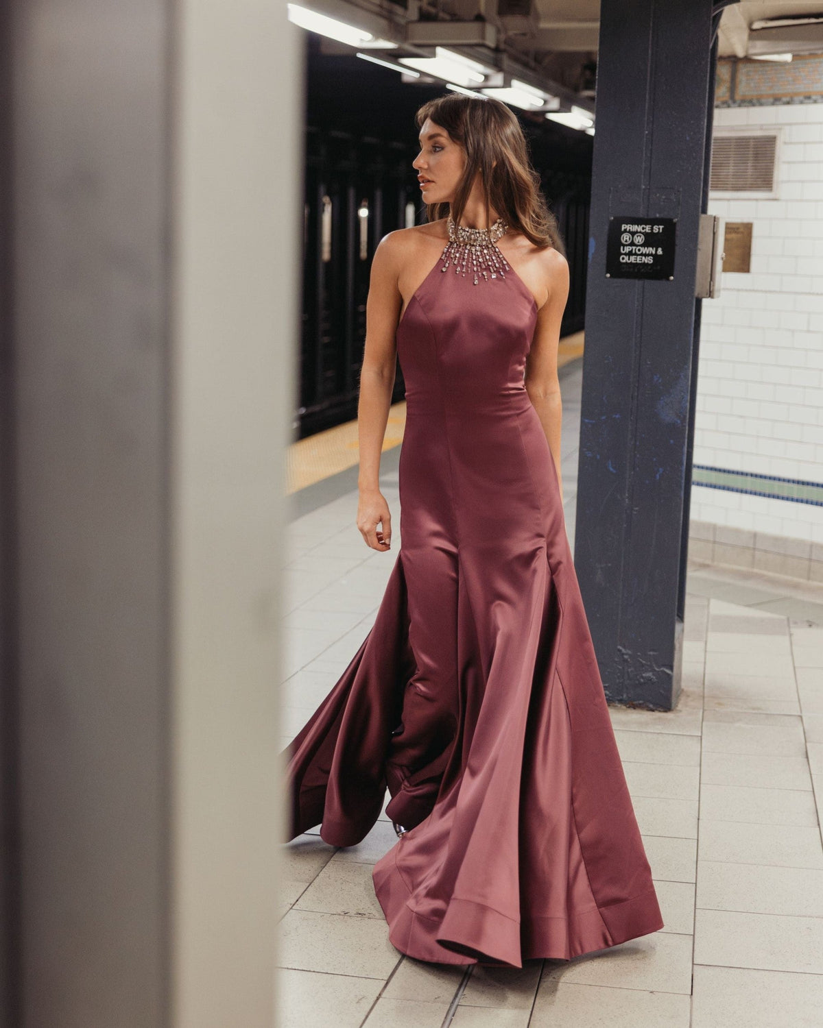 Deep Plum Satin Embellished Halter Mermaid Gown