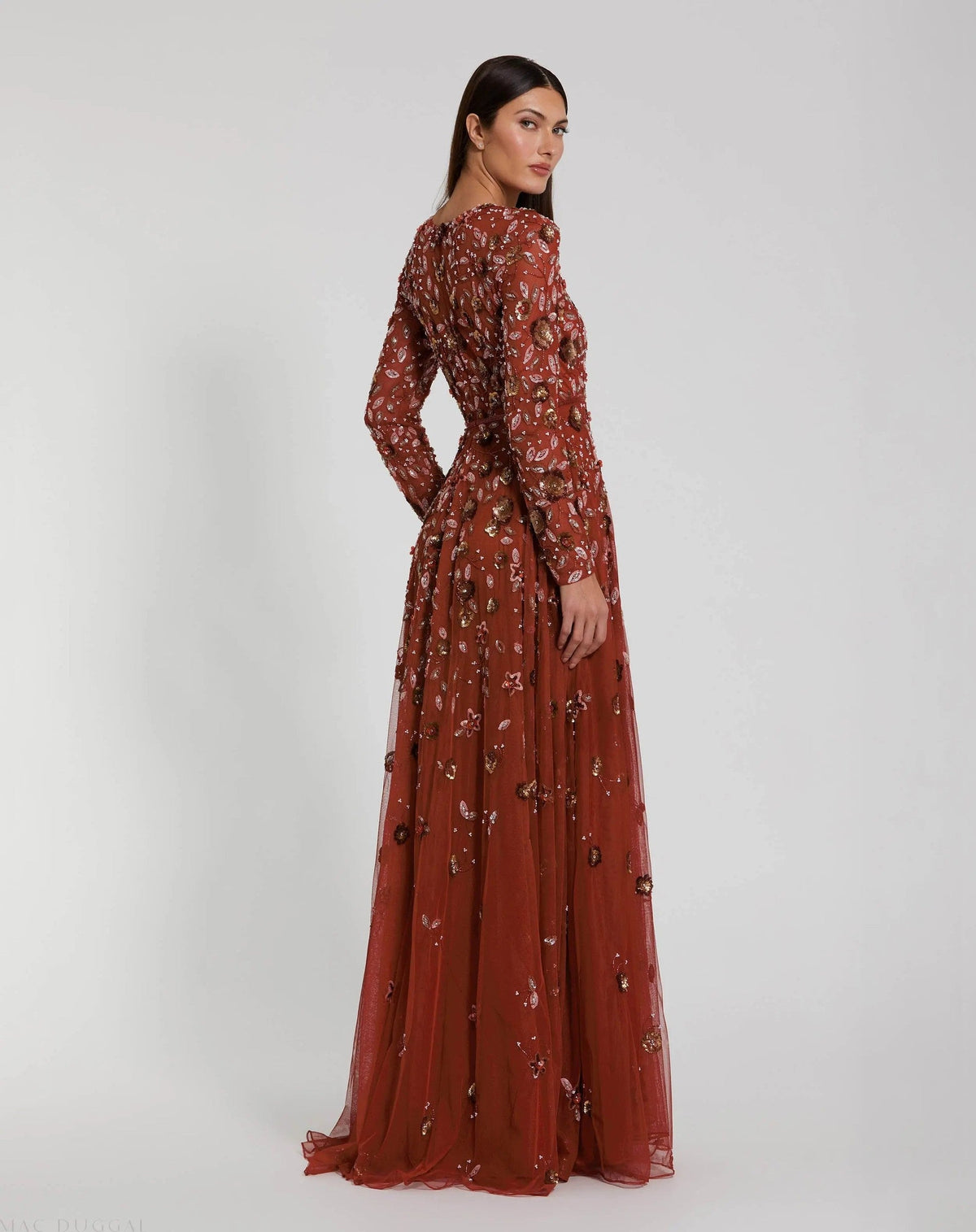 Cinnamon Embellished High Neck Long Sleeve A Line Gown