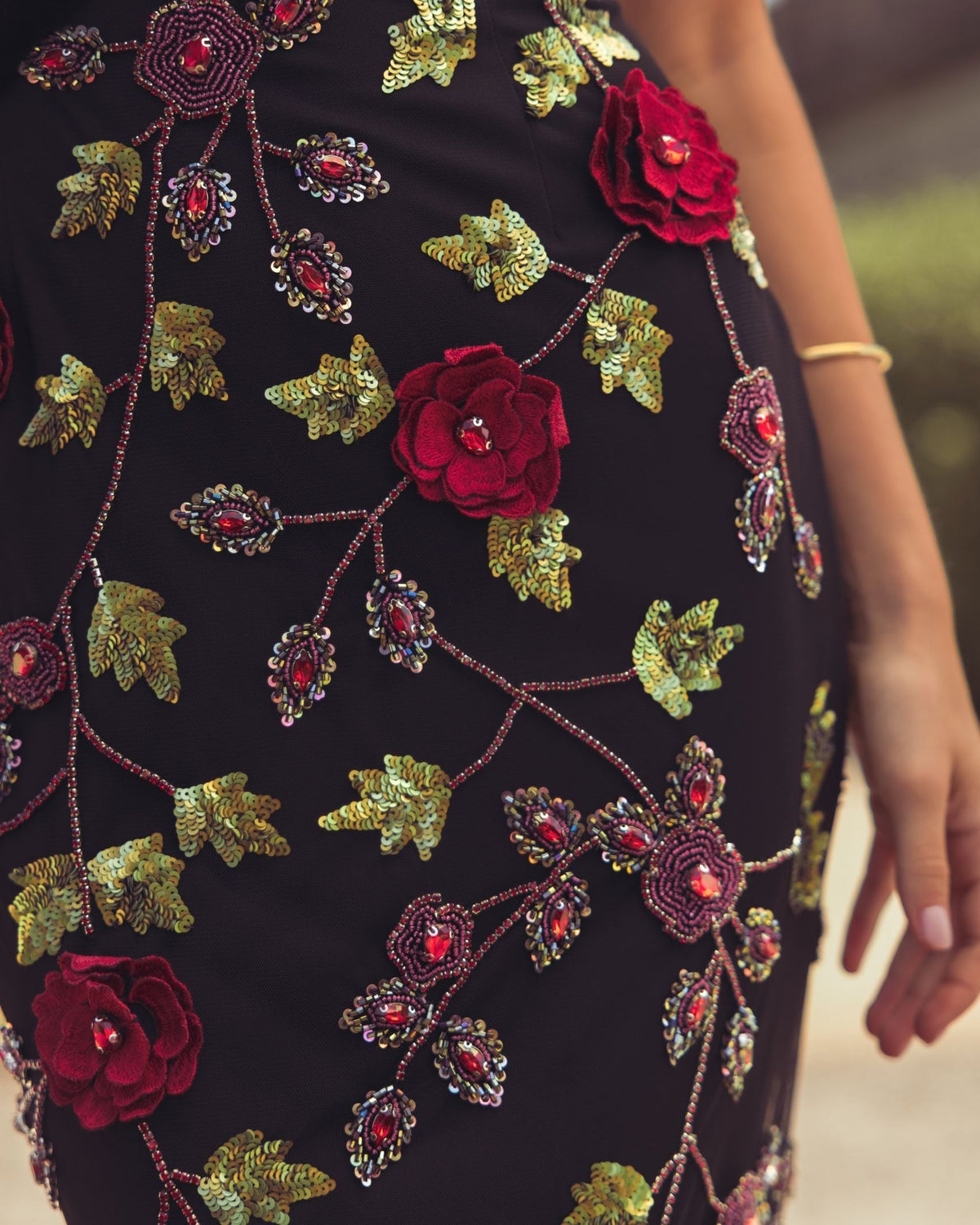 Black Red 3D Floral Embellished Gown With Velvet Bows