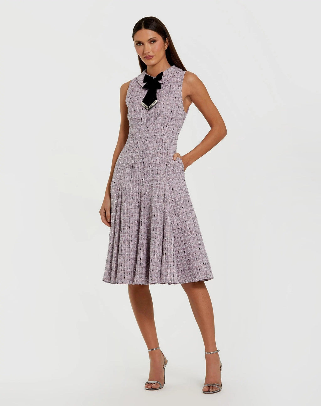 Purple Sleeveless Boucle A-Line Midi Dress With Bow