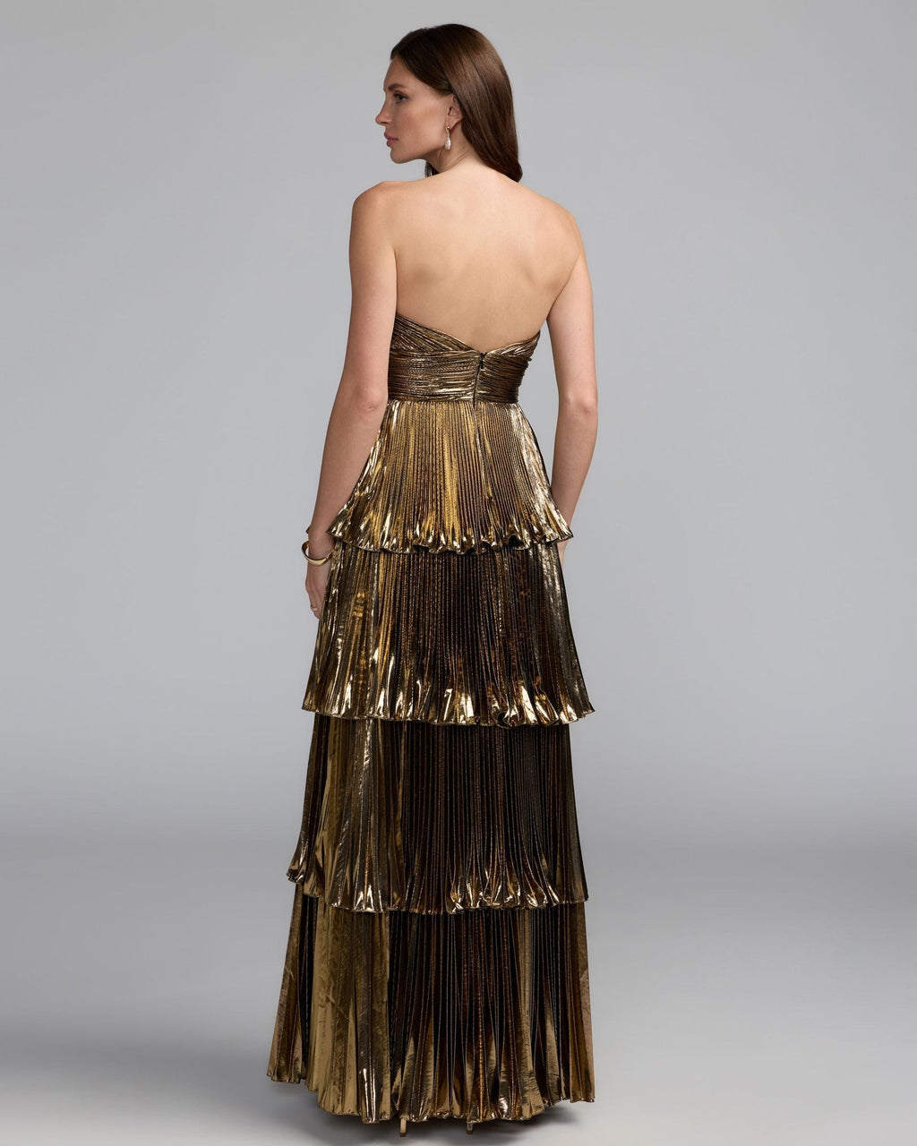 Antique Gold Strapless Pleated Metallic Ruffle Gown