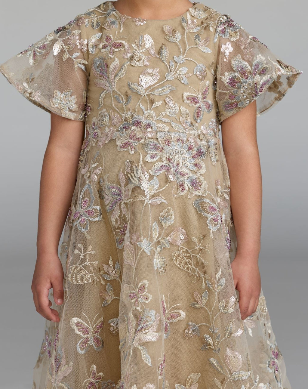 Girls Beige Floral Embroidered A-Line Midi Dress