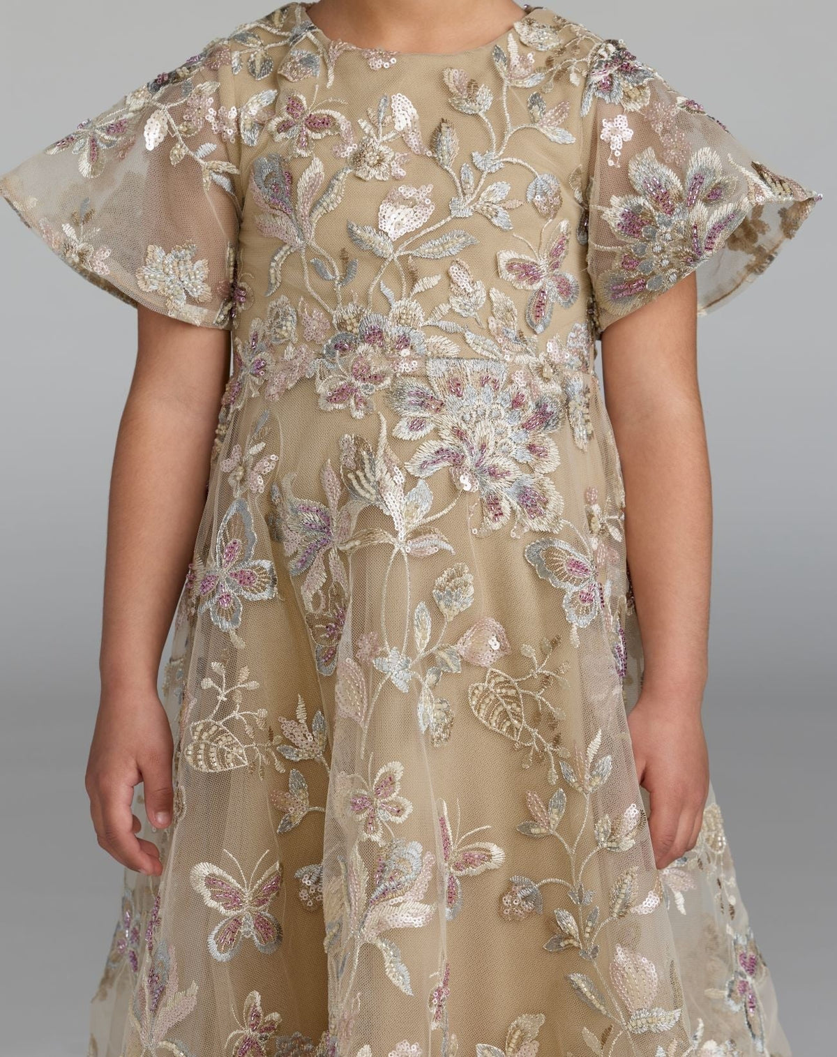 Girls Beige Floral Embroidered A-Line Midi Dress