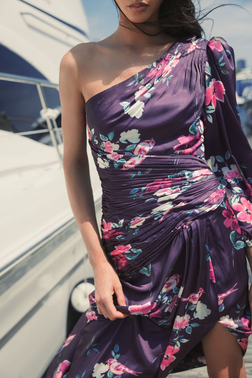 Purple Floral One Shoulder Charmeuse Gown With Slit