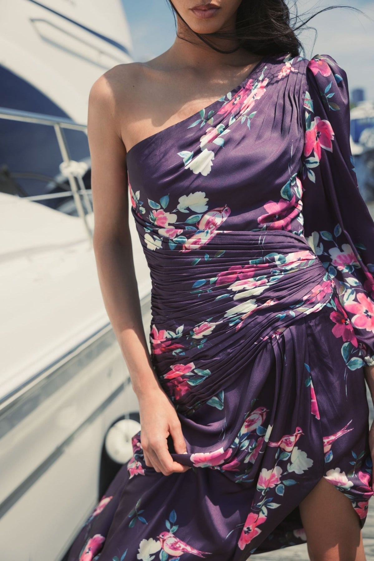 Purple Floral One Shoulder Charmeuse Gown With Slit