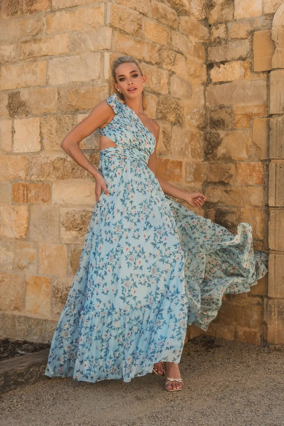 Aqua Multi Floral Chiffon One Shoulder Gown