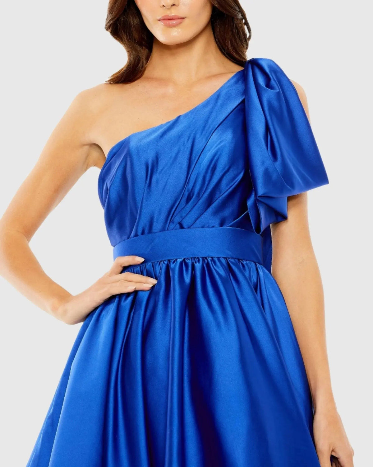 Blue One Shoulder Bow Satin Mini Dress