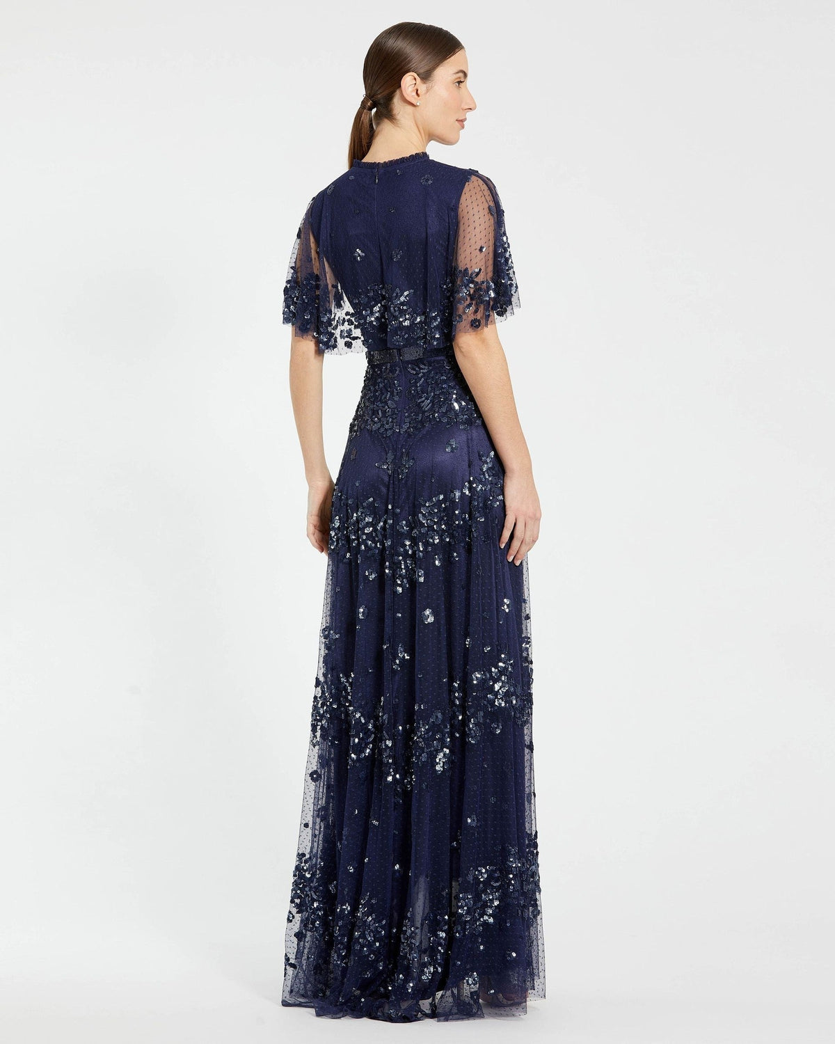 Petite Midnight Sequined High Neck Flutter Sleeve A Line Gown