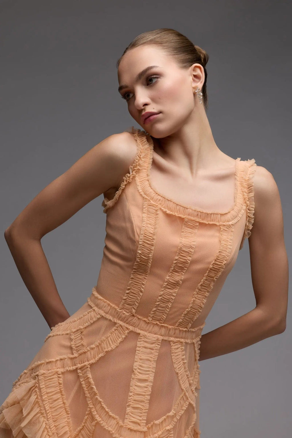 Peach Scoop Neck Sleeveless Micro Ruffle Midi Dress
