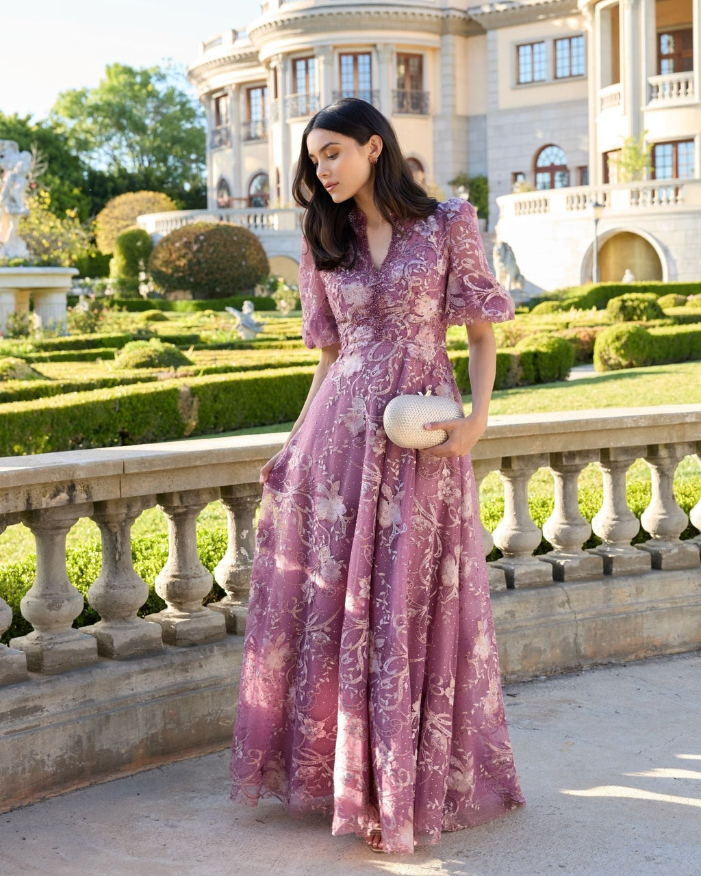Wisteria Queen Anne Puff Sleeve Embroidered A-Line Gown