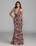 Berry Multi Floral Sequin Sleeveless Open Back Gown