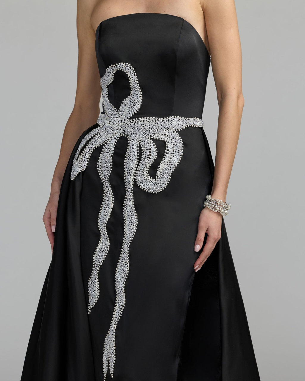 Black White Strapless Embellished Satin Gown with Overskirt