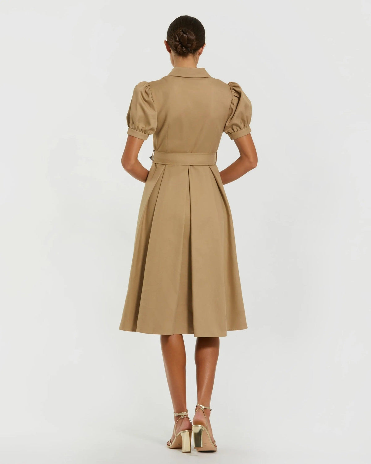 Taupe Puff Sleeve Belted Midi Shirt Dress