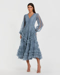 Petite Blue Long Sleeve V-Neck Micro Ruffle Midi Dress