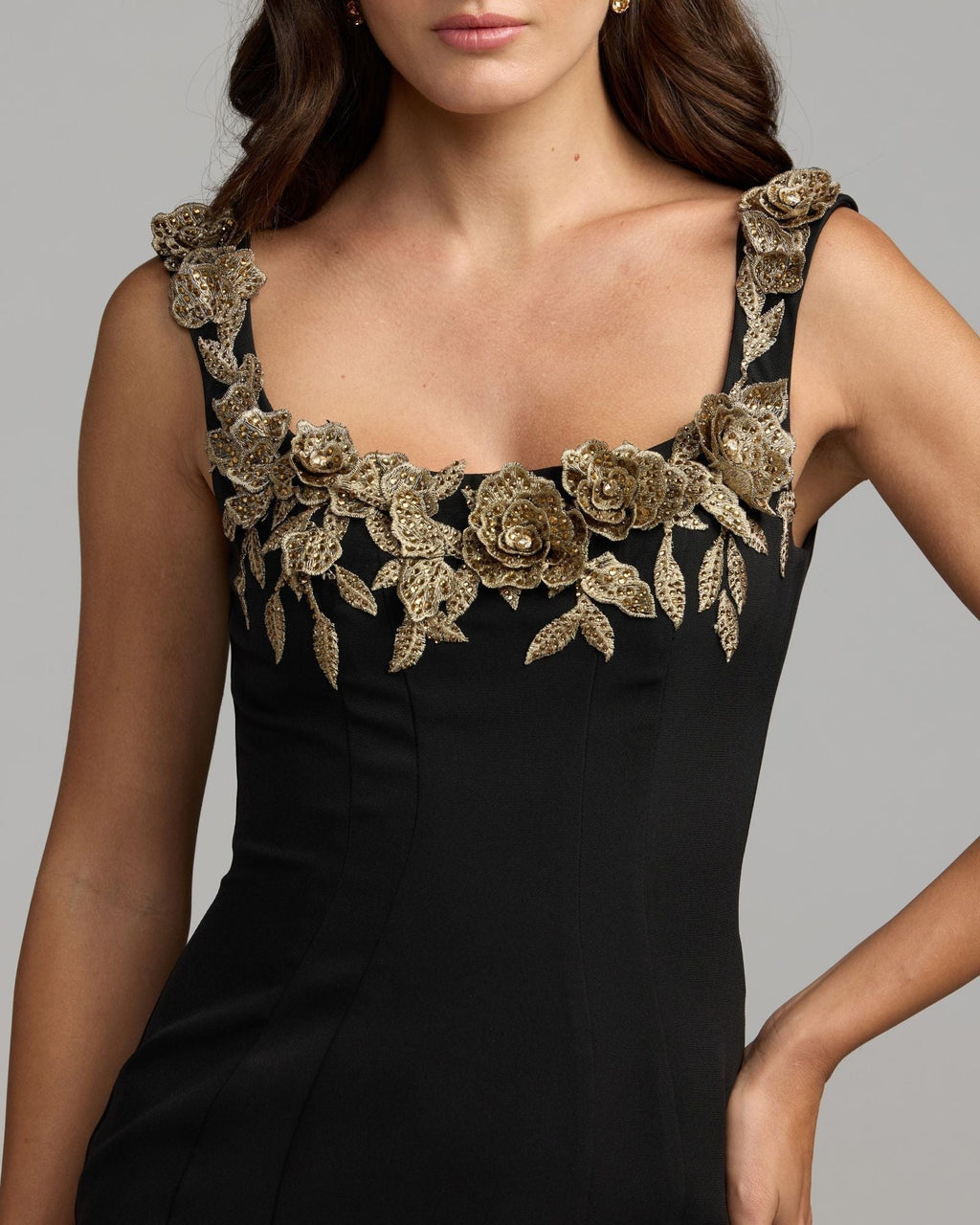 Black 3D Floral Trumpet Midi Dress