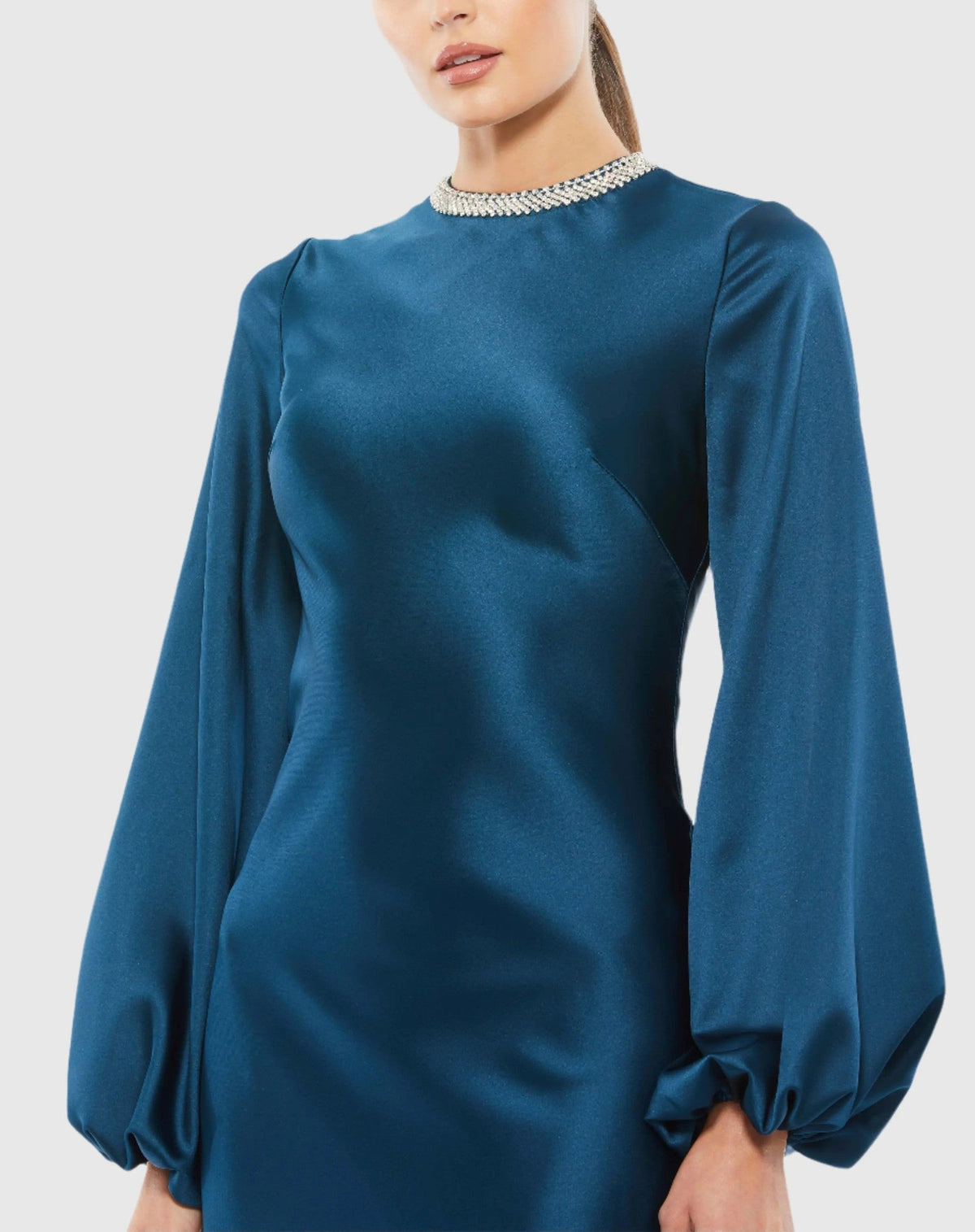 Blue Beaded High Neck Bishop Sleeve Satin Gown