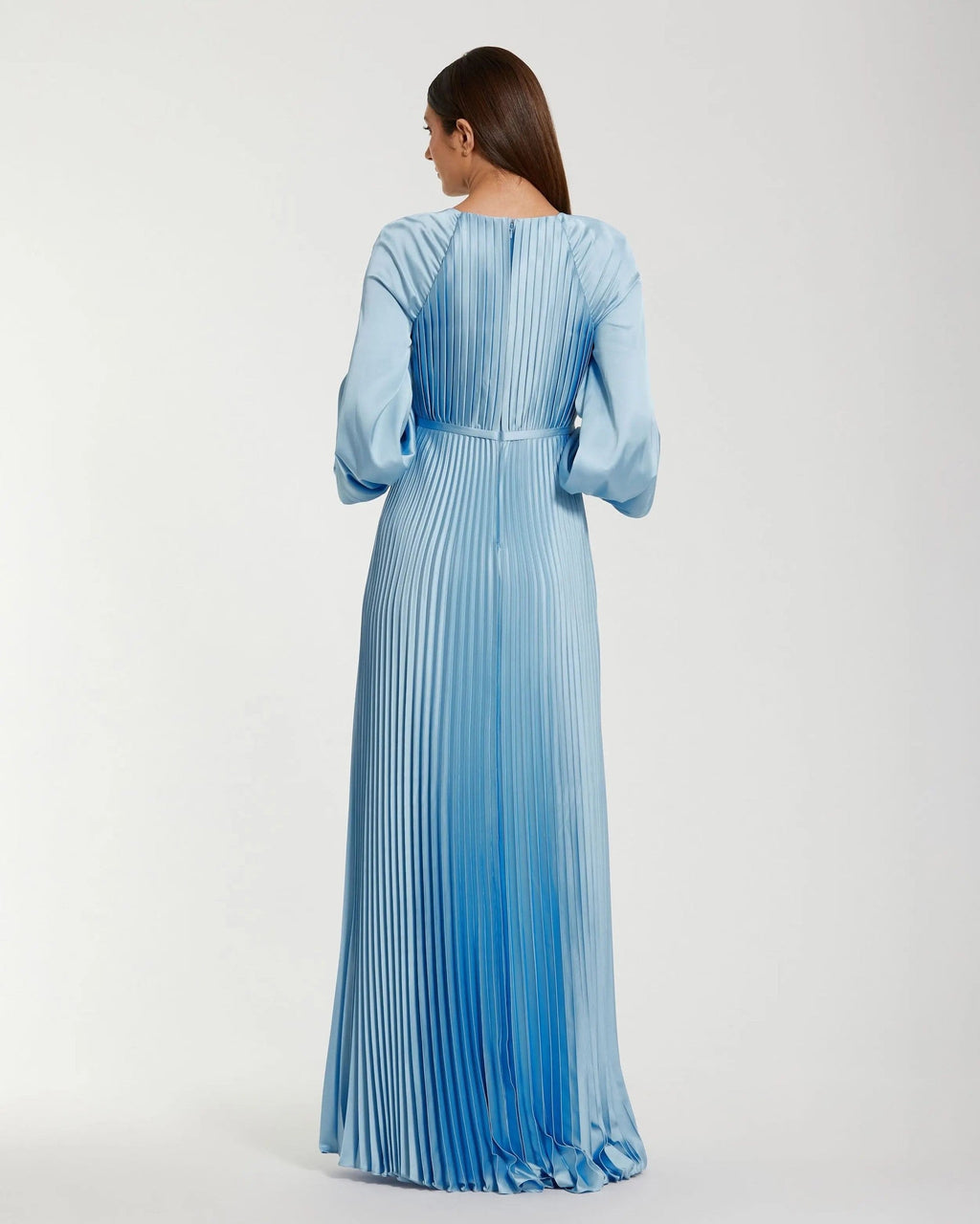 Ice Blue Pleated High Neck Long Sleeve Gown With Slit