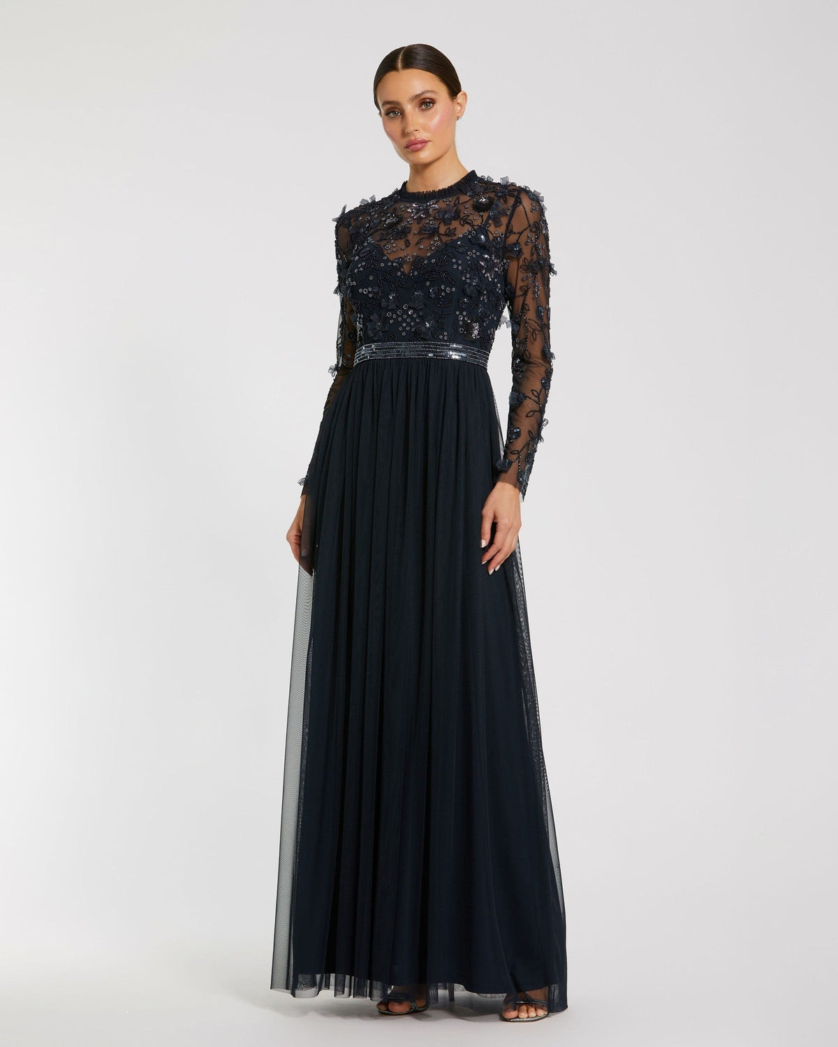 Petite Midnight Embellished Illusion High Neck Long Sleeve Gown