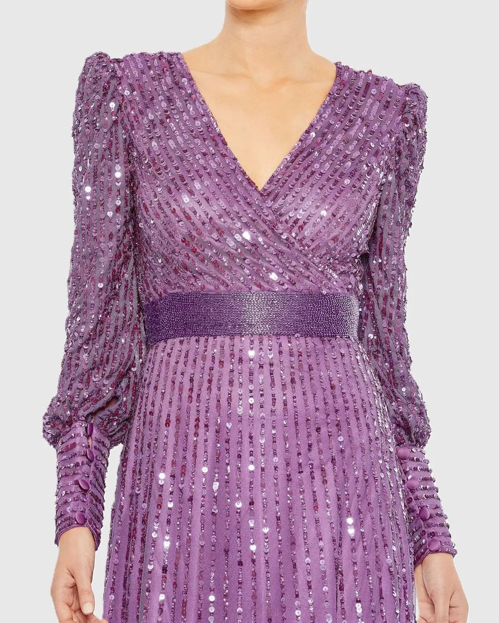 Purple Sequined Wrap Over Bishop Sleeve Gown