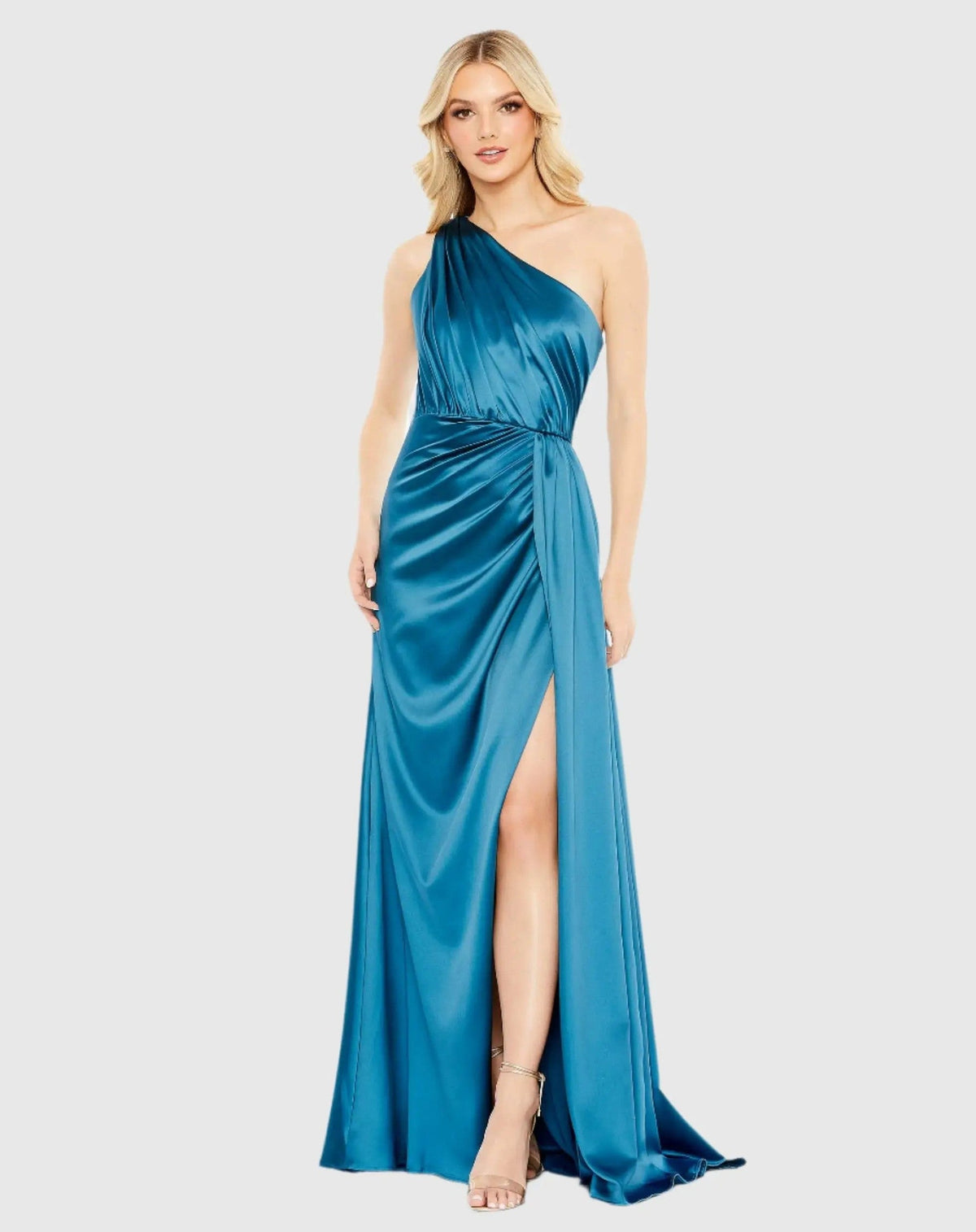 Blue Gathered One Shoulder Satin Faux Wrap Gown